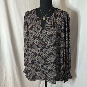 NWOT NINE BRITTON‎ printed long sleeve blouse - navy/brown/blue